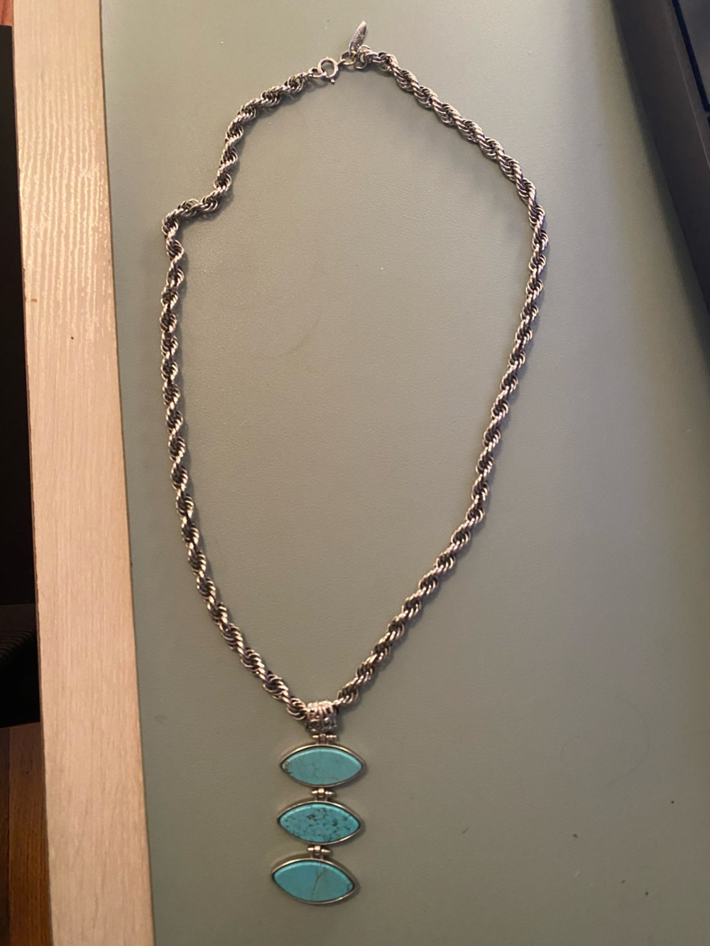 Whiting & Davis Silver Rope Necklace with Turquoise Triple Marquise Pendant